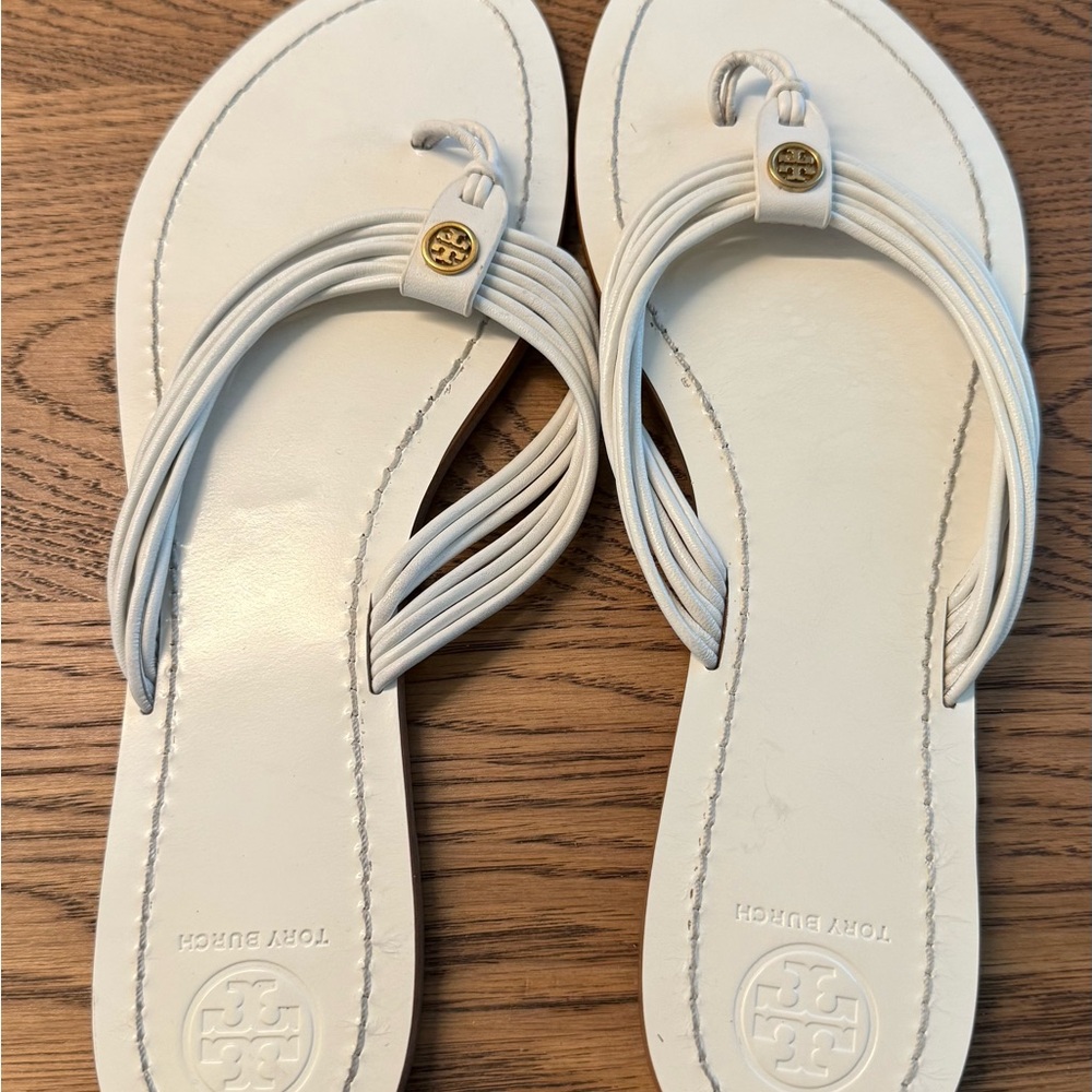 Tory Burch White Multi-Strap Leather Thong Sandals with Gold Logo